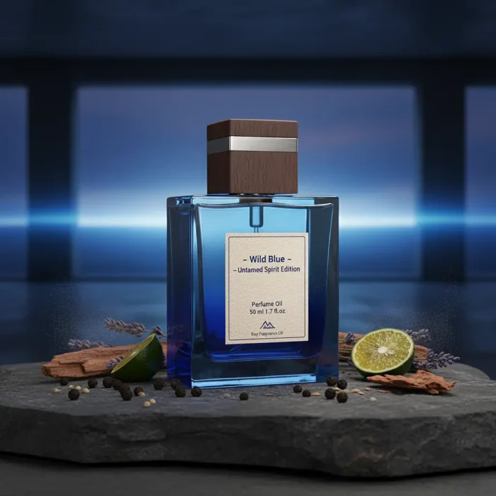Wild Blue Untamed Spirit Edition men’s perfume oil – fresh spicy woody fragrance with bergamot, pepper, and cedarwood in a luxury minimalist design
