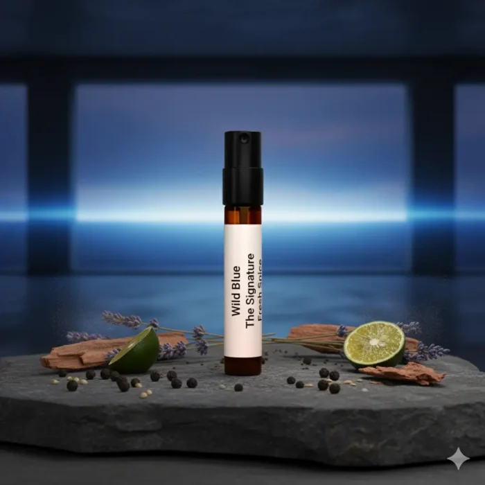 Wild Blue Untamed Spirit Edition men’s perfume oil – fresh spicy woody fragrance with bergamot, pepper, and cedarwood in a luxury minimalist design
