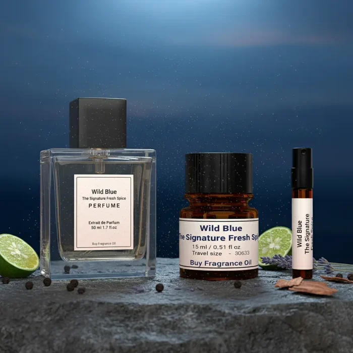 Wild Blue Untamed Spirit Edition men’s perfume oil – fresh spicy woody fragrance with bergamot, pepper, and cedarwood in a luxury minimalist design