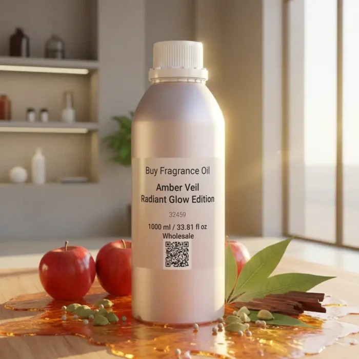 Amber Veil Radiant Glow Edition – luxury unisex amber woody oriental perfume oil inspired by Ajmal Amber Wood, with apple, cardamom, amber, cedarwood, and patchouli in a radiant minimalist design.