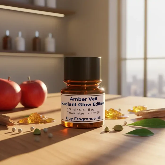 Amber Veil Radiant Glow Edition – luxury unisex amber woody oriental perfume oil inspired by Ajmal Amber Wood, with apple, cardamom, amber, cedarwood, and patchouli in a radiant minimalist design.