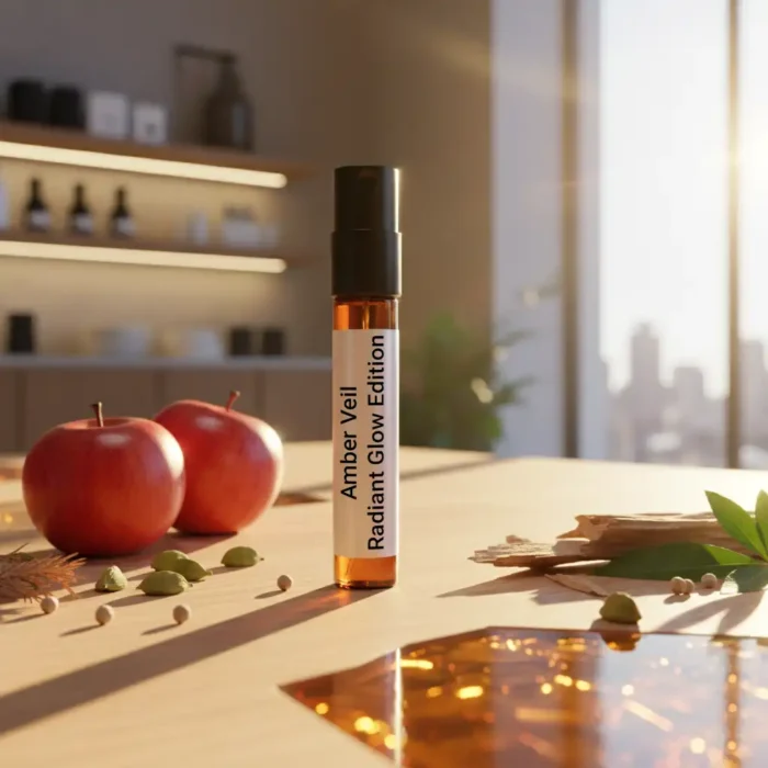 Amber Veil Radiant Glow Edition – luxury unisex amber woody oriental perfume oil inspired by Ajmal Amber Wood, with apple, cardamom, amber, cedarwood, and patchouli in a radiant minimalist design.
