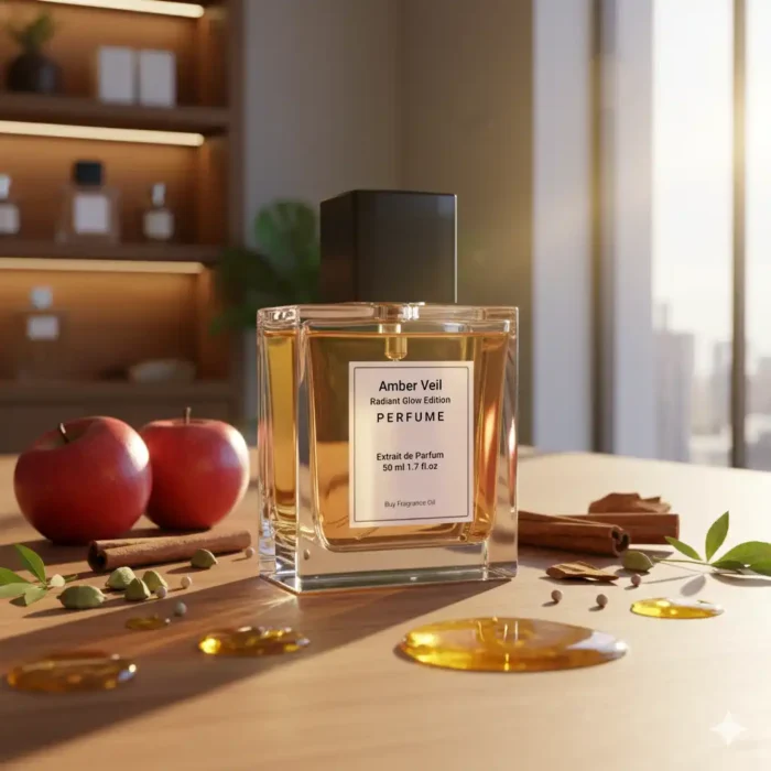 Amber Veil Radiant Glow Edition – luxury unisex amber woody oriental perfume oil inspired by Ajmal Amber Wood, with apple, cardamom, amber, cedarwood, and patchouli in a radiant minimalist design.