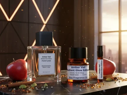 Amber Veil Radiant Glow Edition – luxury unisex amber woody oriental perfume oil inspired by Ajmal Amber Wood, with apple, cardamom, amber, cedarwood, and patchouli in a radiant minimalist design.