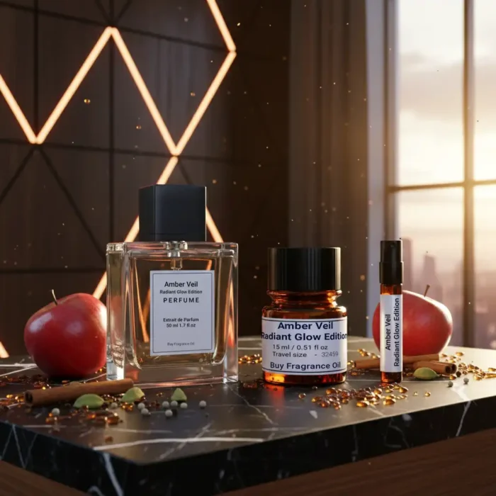 Amber Veil Radiant Glow Edition – luxury unisex amber woody oriental perfume oil inspired by Ajmal Amber Wood, with apple, cardamom, amber, cedarwood, and patchouli in a radiant minimalist design.