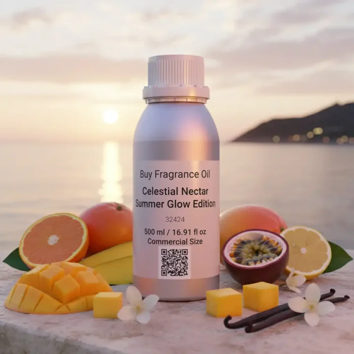 Celestial Nectar Summer Glow Edition – luxury unisex fruity musk perfume oil inspired by Erba Pura, with Mediterranean citrus, exotic fruits, jasmine, amber, and vanilla in a radiant summer design.