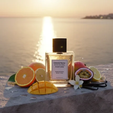 Celestial Nectar Summer Glow Edition – luxury unisex fruity musk perfume oil inspired by Erba Pura, with Mediterranean citrus, exotic fruits, jasmine, amber, and vanilla in a radiant summer design.