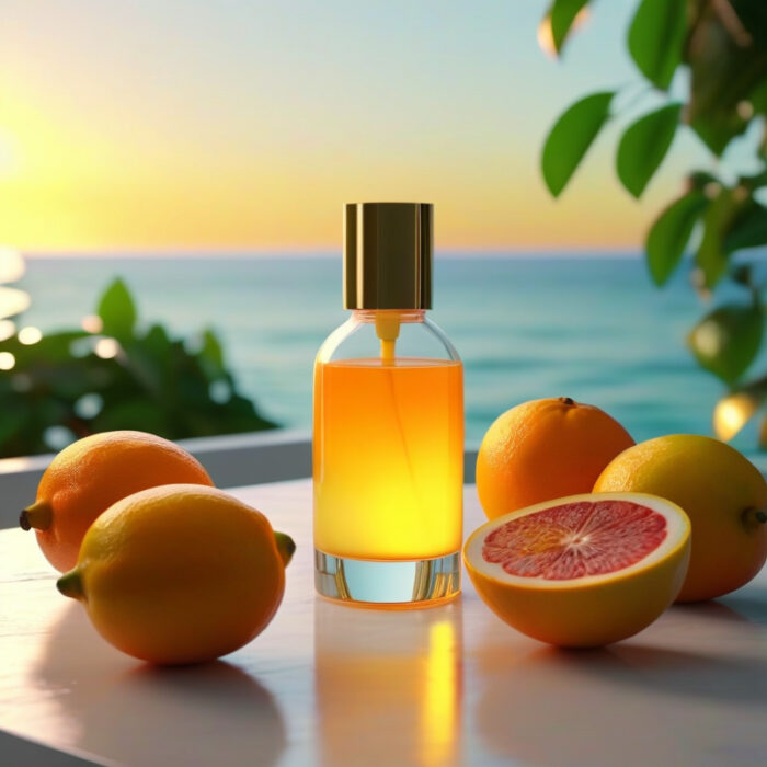 Celestial Nectar Summer Glow Edition – luxury unisex fruity musk perfume oil inspired by Erba Pura, with Mediterranean citrus, exotic fruits, jasmine, amber, and vanilla in a radiant summer design.