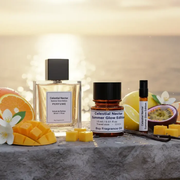 Celestial Nectar Summer Glow Edition – luxury unisex fruity musk perfume oil inspired by Erba Pura, with Mediterranean citrus, exotic fruits, jasmine, amber, and vanilla in a radiant summer design.