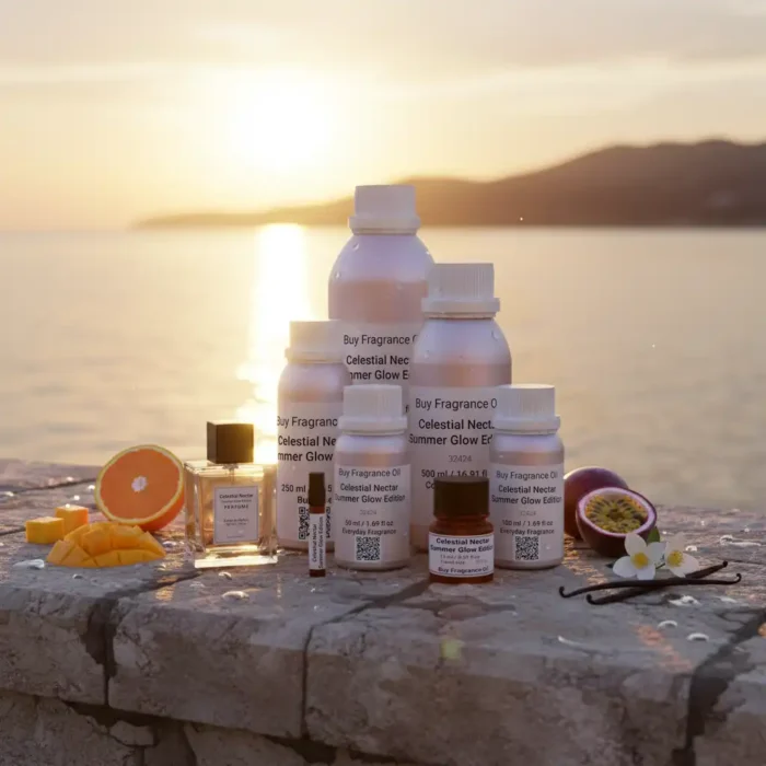 Celestial Nectar Summer Glow Edition – luxury unisex fruity musk perfume oil inspired by Erba Pura, with Mediterranean citrus, exotic fruits, jasmine, amber, and vanilla in a radiant summer design.