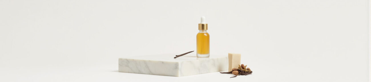 Minimalist composition of a glass perfume oil dropper bottle on white marble, with raw materials, representing the brand's commitment to ethical, long-lasting, and alcohol-free luxury.