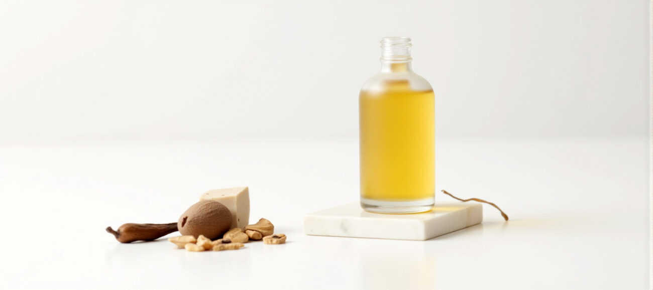 Minimalist composition of a glass perfume oil dropper bottle on white marble, with raw materials, representing the brand's commitment to ethical, long-lasting, and alcohol-free luxury.