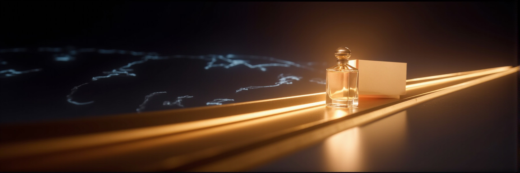 A luxury perfume oil bottle on a gold runway with a world map background, symbolizing free worldwide shipping on orders over $500, with secure and tracked delivery.