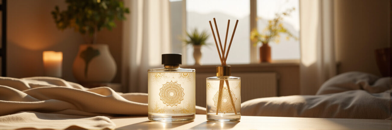 Luxury home fragrance and spray – long-lasting room and linen scents in eco-conscious minimalist glass design.