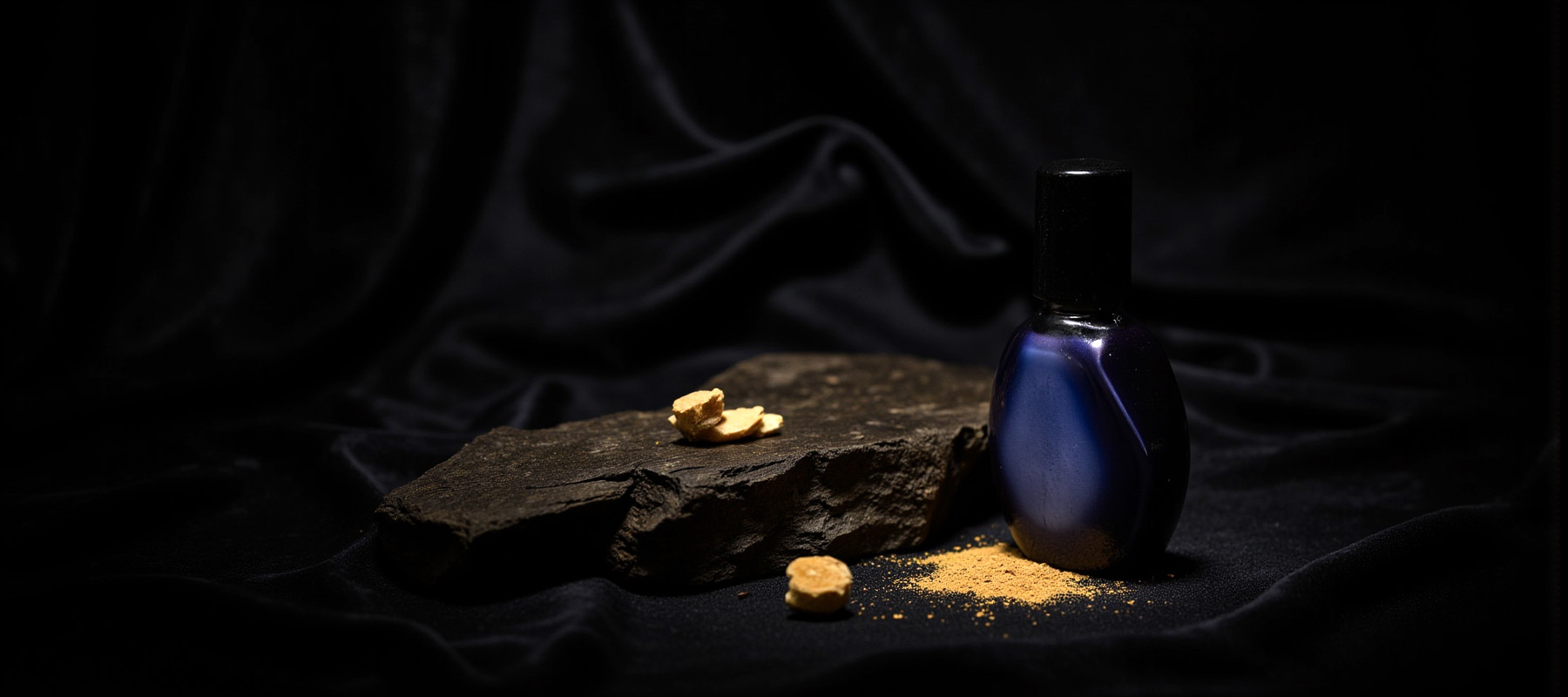 Dramatic photograph of a unique limited edition perfume oil bottle on dark velvet, surrounded by rare resins and gold, emphasizing exclusivity and premium, long-lasting quality.