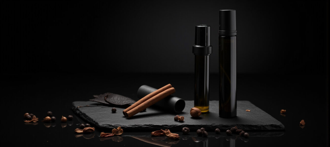 Close-up of dark glass men's perfume oil bottles on black slate, surrounded by cinnamon, leather, and wood chips, emphasizing masculine luxury.