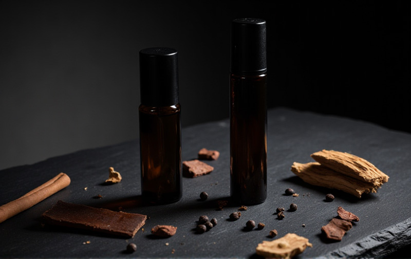Close-up of dark glass men's perfume oil bottles on black slate, surrounded by cinnamon, leather, and wood chips, emphasizing masculine luxury.