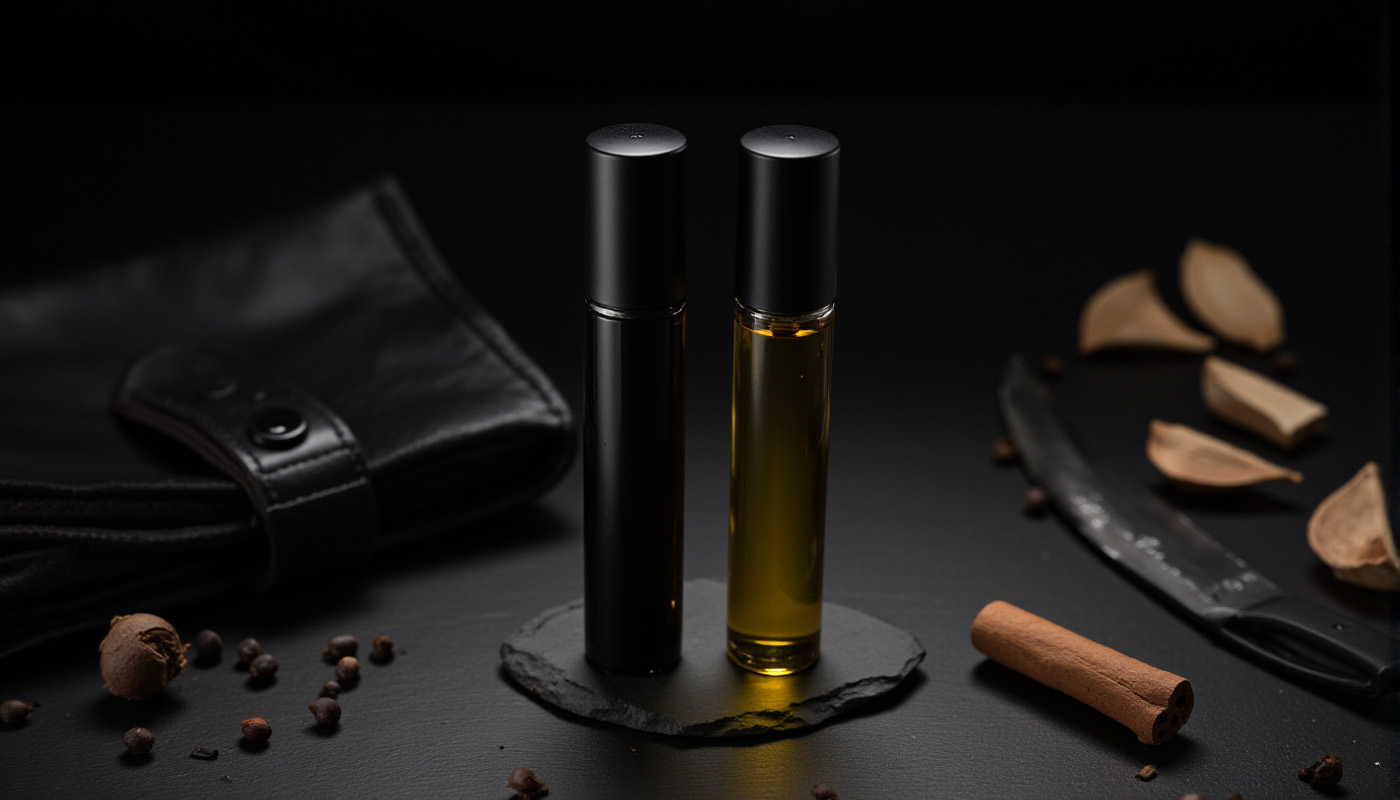Close-up of dark glass men's perfume oil bottles on black slate, surrounded by cinnamon, leather, and wood chips, emphasizing masculine luxury.