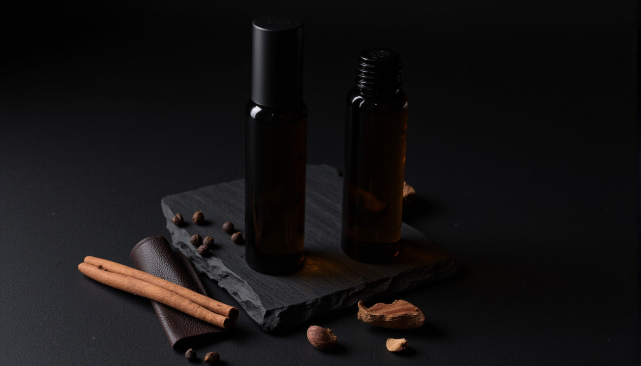 Close-up of dark glass men's perfume oil bottles on black slate, surrounded by cinnamon, leather, and wood chips, emphasizing masculine luxury.