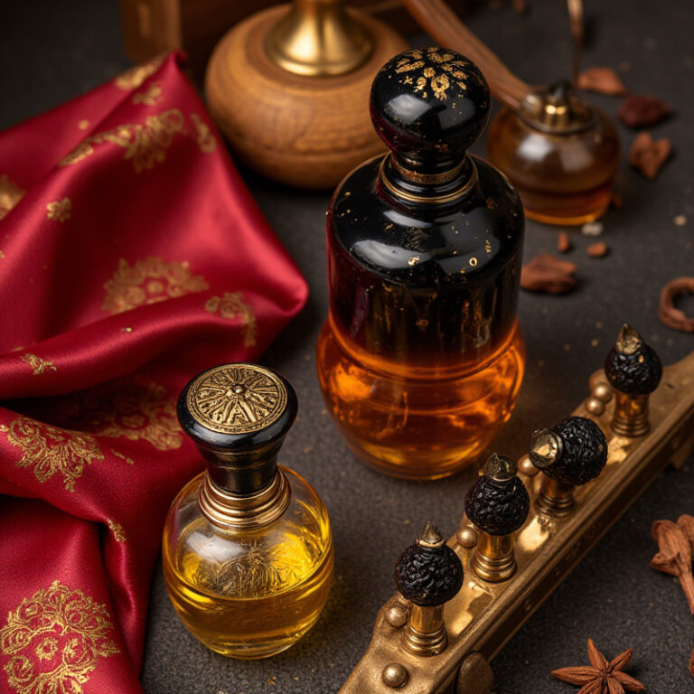 A sophisticated visual representation of Modern Arabian Fusion perfume oils—blending Middle Eastern opulence with modern minimalism. Features black and gold bottles, oud wood, saffron, jewel-toned silk, and warm cinematic lighting.