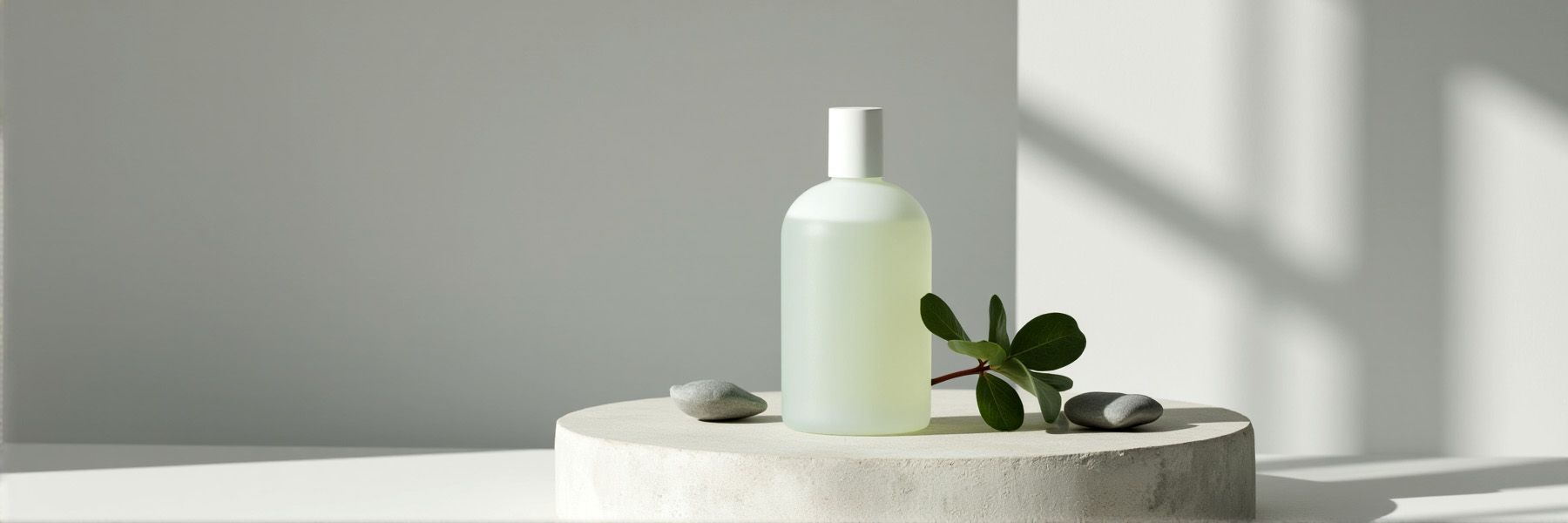 Minimalist composition of a frosted glass bottle of natural perfume oil, placed on a white marble surface with dried botanicals and soft lighting.