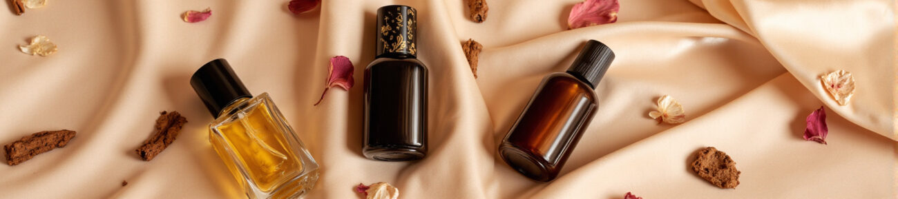 Elegant collection of dark, clear, and amber perfume oil bottles, surrounded by rose petals and oud wood, symbolizing luxury, long-lasting, and alcohol-free fragrances.