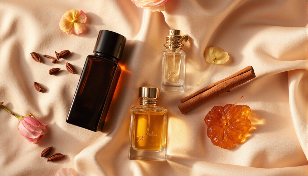Elegant collection of dark, clear, and amber perfume oil bottles, surrounded by rose petals and oud wood, symbolizing luxury, long-lasting, and alcohol-free fragrances.