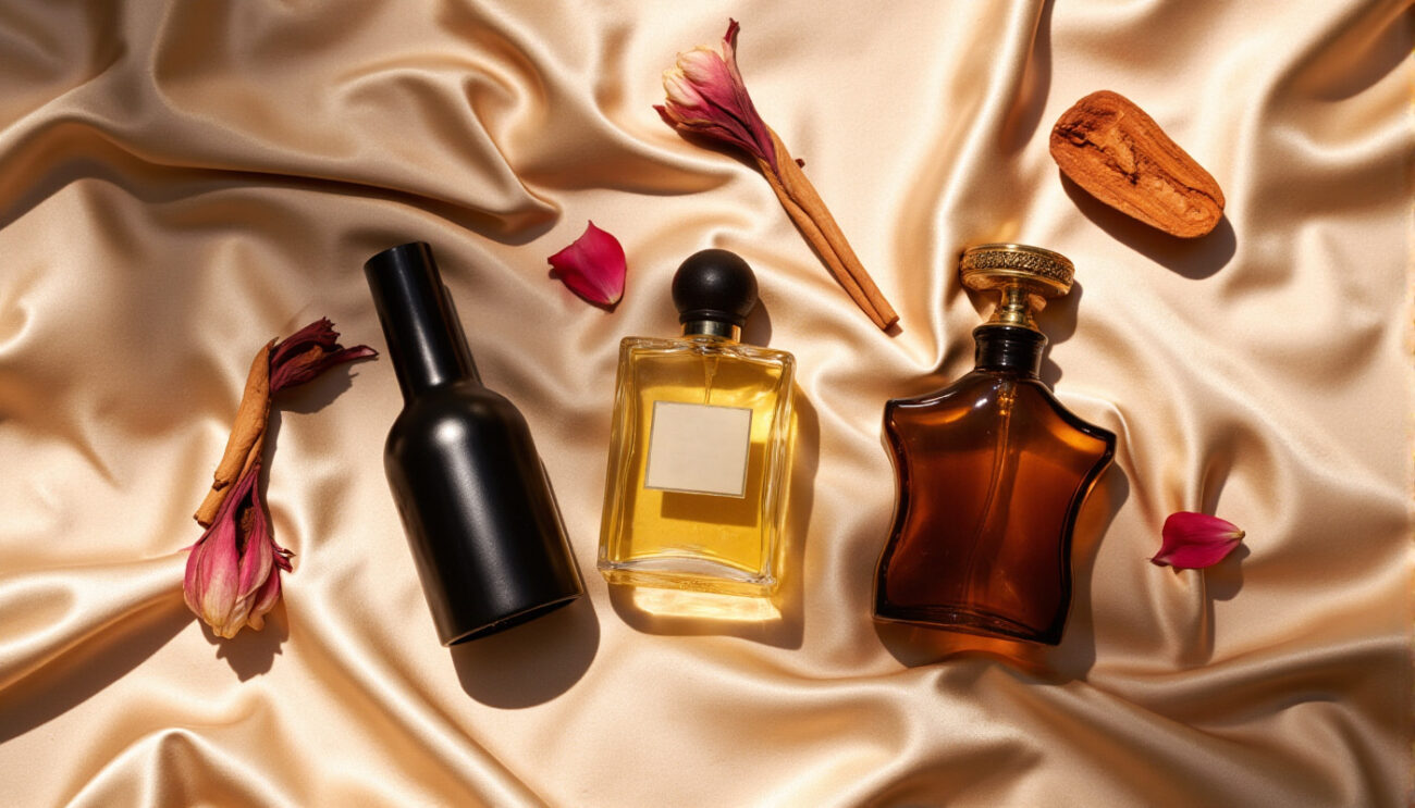 Elegant collection of dark, clear, and amber perfume oil bottles, surrounded by rose petals and oud wood, symbolizing luxury, long-lasting, and alcohol-free fragrances.