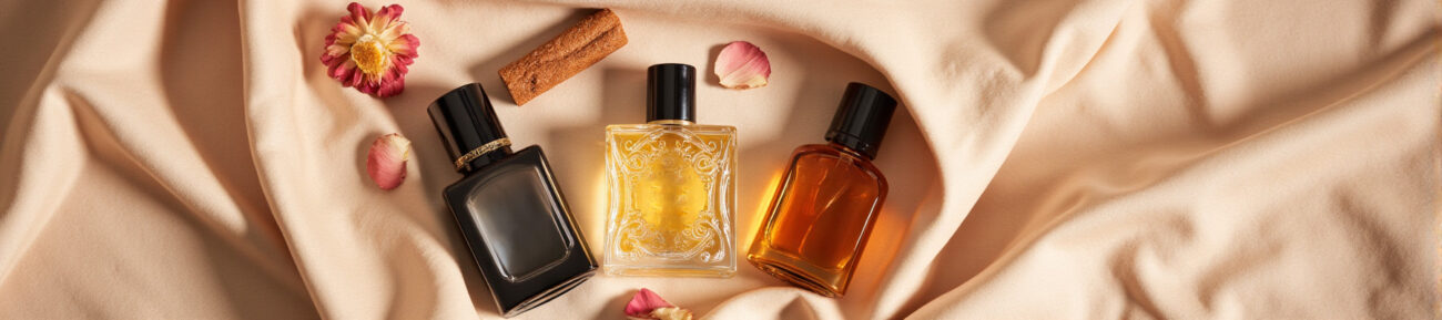 Elegant collection of dark, clear, and amber perfume oil bottles, surrounded by rose petals and oud wood, symbolizing luxury, long-lasting, and alcohol-free fragrances.