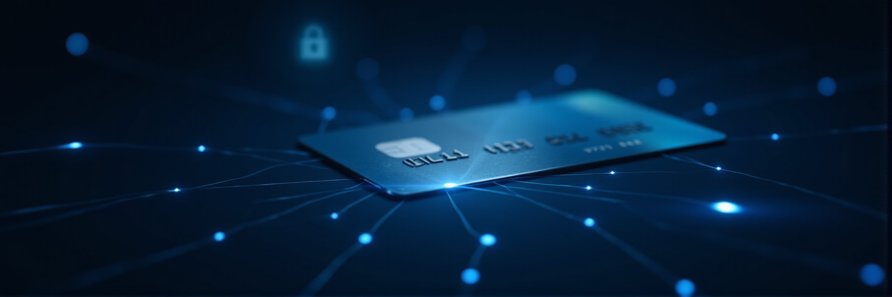 Digital rendering of a credit card protected by glowing blue light and lines, symbolizing 100% secure payment through SSL encryption and a PCI-DSS compliant checkout process.