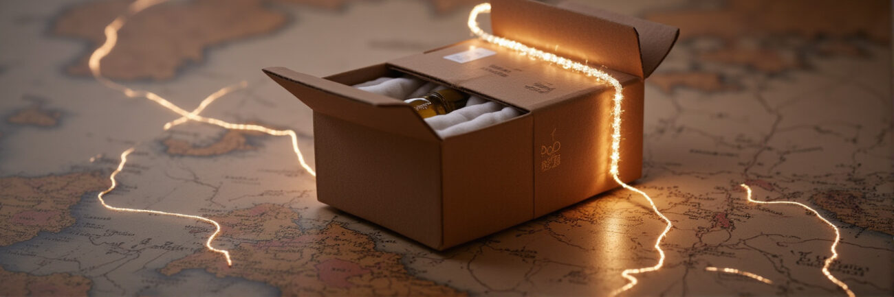 A branded shipping box, partially open to show a perfume oil bottle, overlaid on a world map with digital tracking lines, symbolizing secure, insured, and trackable worldwide delivery.