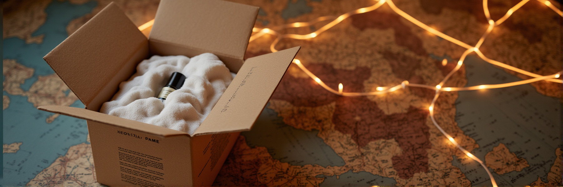 A branded shipping box, partially open to show a perfume oil bottle, overlaid on a world map with digital tracking lines, symbolizing secure, insured, and trackable worldwide delivery.