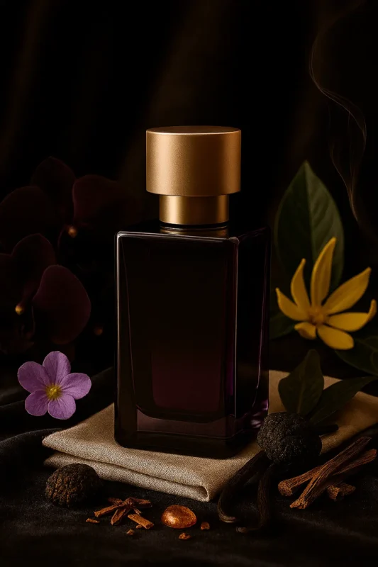 Velvet Bloom Dark Elegance Edition – luxury unisex dark floral oriental perfume oil inspired by Black Orchid, with black orchid, spices, incense, patchouli, and sandalwood in a mysterious minimalist design.