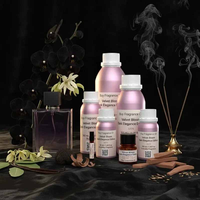 Velvet Bloom Dark Elegance Edition – luxury unisex dark floral oriental perfume oil inspired by Black Orchid, with black orchid, spices, incense, patchouli, and sandalwood in a mysterious minimalist design.