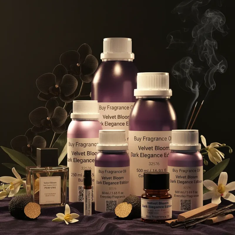 Velvet Bloom Dark Elegance Edition – luxury unisex dark floral oriental perfume oil inspired by Black Orchid, with black orchid, spices, incense, patchouli, and sandalwood in a mysterious minimalist design.