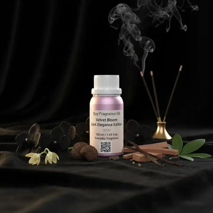 Velvet Bloom Dark Elegance Edition – luxury unisex dark floral oriental perfume oil inspired by Black Orchid, with black orchid, spices, incense, patchouli, and sandalwood in a mysterious minimalist design.