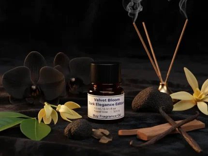 Velvet Bloom Dark Elegance Edition – luxury unisex dark floral oriental perfume oil inspired by Black Orchid, with black orchid, spices, incense, patchouli, and sandalwood in a mysterious minimalist design.