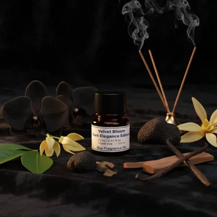 Velvet Bloom Dark Elegance Edition – luxury unisex dark floral oriental perfume oil inspired by Black Orchid, with black orchid, spices, incense, patchouli, and sandalwood in a mysterious minimalist design.