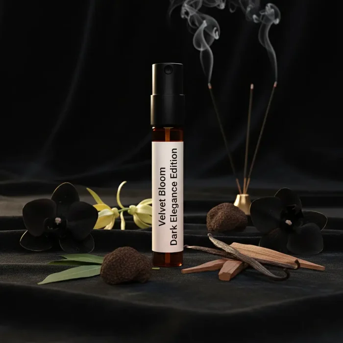 Velvet Bloom Dark Elegance Edition – luxury unisex dark floral oriental perfume oil inspired by Black Orchid, with black orchid, spices, incense, patchouli, and sandalwood in a mysterious minimalist design.