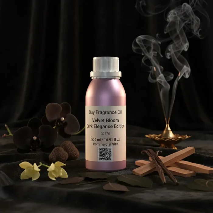 Velvet Bloom Dark Elegance Edition – luxury unisex dark floral oriental perfume oil inspired by Black Orchid, with black orchid, spices, incense, patchouli, and sandalwood in a mysterious minimalist design.
