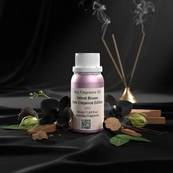 Velvet Bloom Dark Elegance Edition – luxury unisex dark floral oriental perfume oil inspired by Black Orchid, with black orchid, spices, incense, patchouli, and sandalwood in a mysterious minimalist design.
