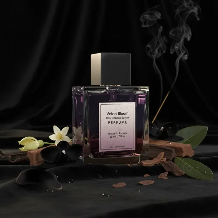 Velvet Bloom Dark Elegance Edition – luxury unisex dark floral oriental perfume oil inspired by Black Orchid, with black orchid, spices, incense, patchouli, and sandalwood in a mysterious minimalist design.