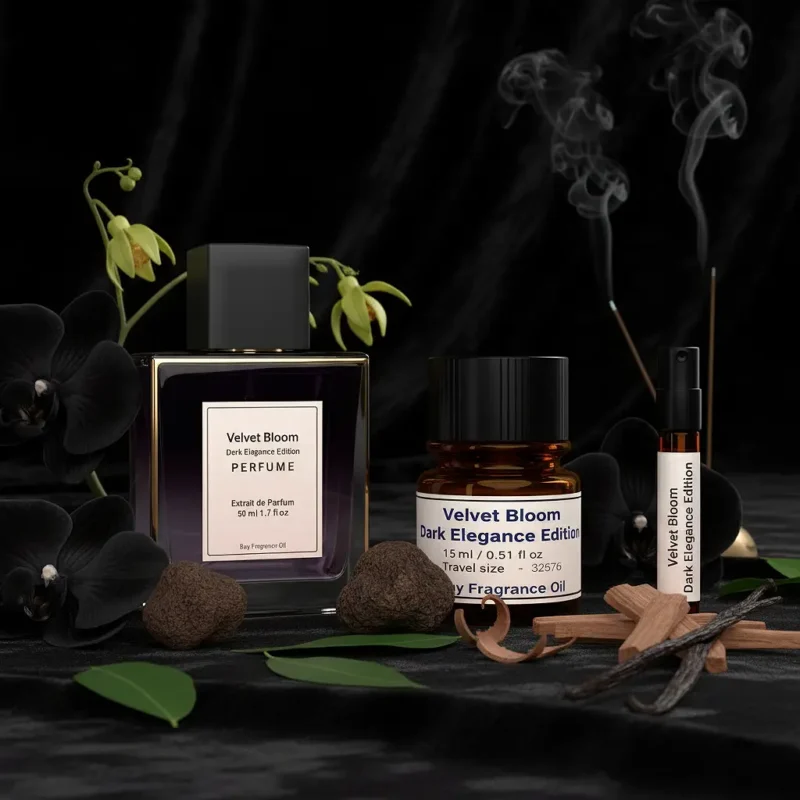 Velvet Bloom Dark Elegance Edition – luxury unisex dark floral oriental perfume oil inspired by Black Orchid, with black orchid, spices, incense, patchouli, and sandalwood in a mysterious minimalist design.