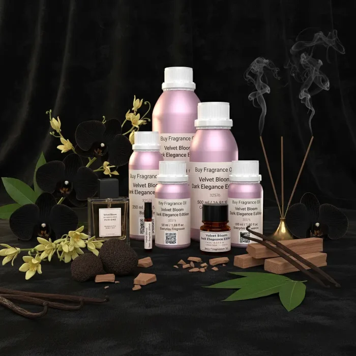 Velvet Bloom Dark Elegance Edition – luxury unisex dark floral oriental perfume oil inspired by Black Orchid, with black orchid, spices, incense, patchouli, and sandalwood in a mysterious minimalist design.