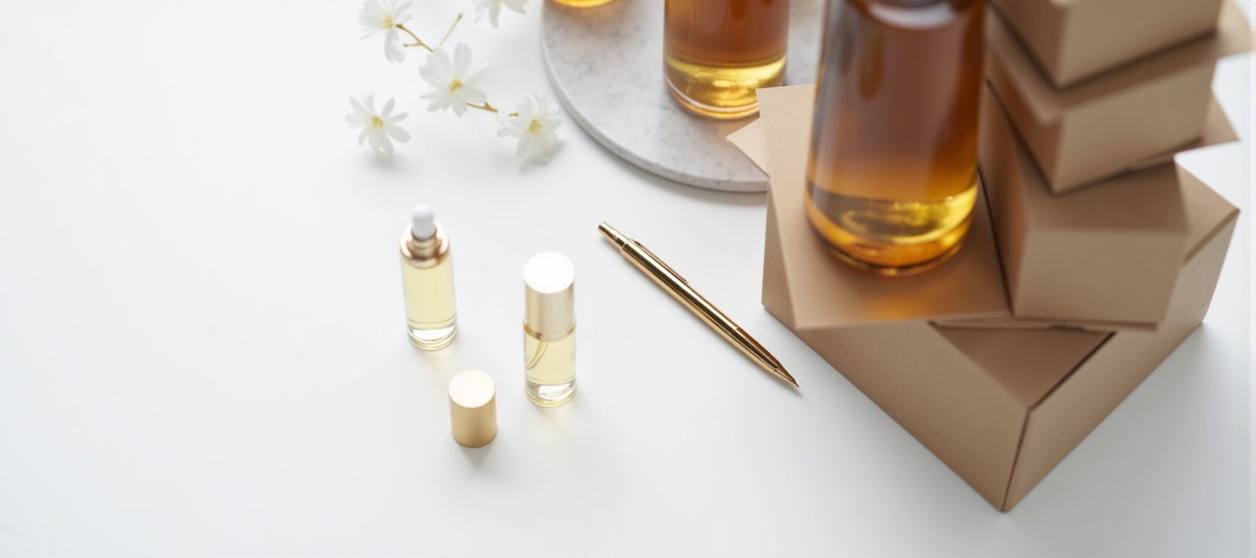 A flat lay image contrasting a single retail perfume oil bottle with bulk amber bottles and shipping boxes, illustrating transparent wholesale and retail terms for global partners.