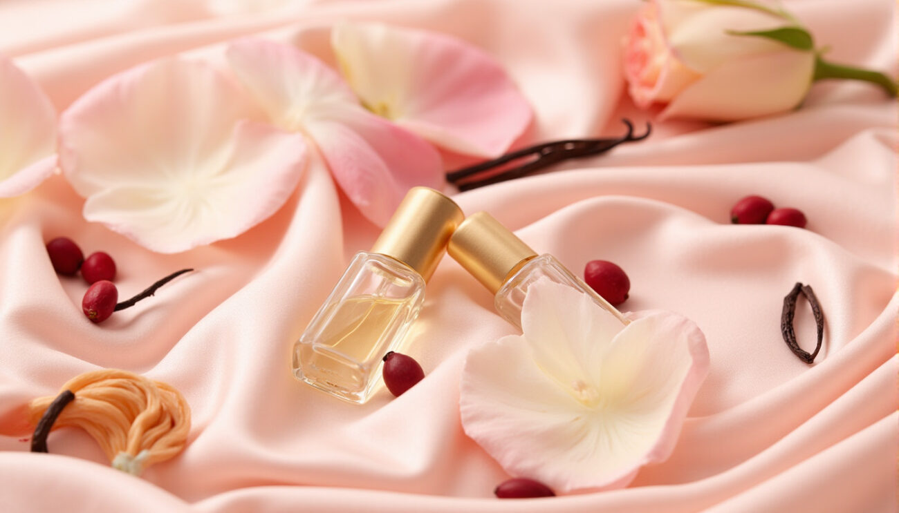 Elegant women's perfume oil bottles on pink silk, surrounded by rose petals, vanilla, and berries, showcasing feminine floral and gourmand scents.