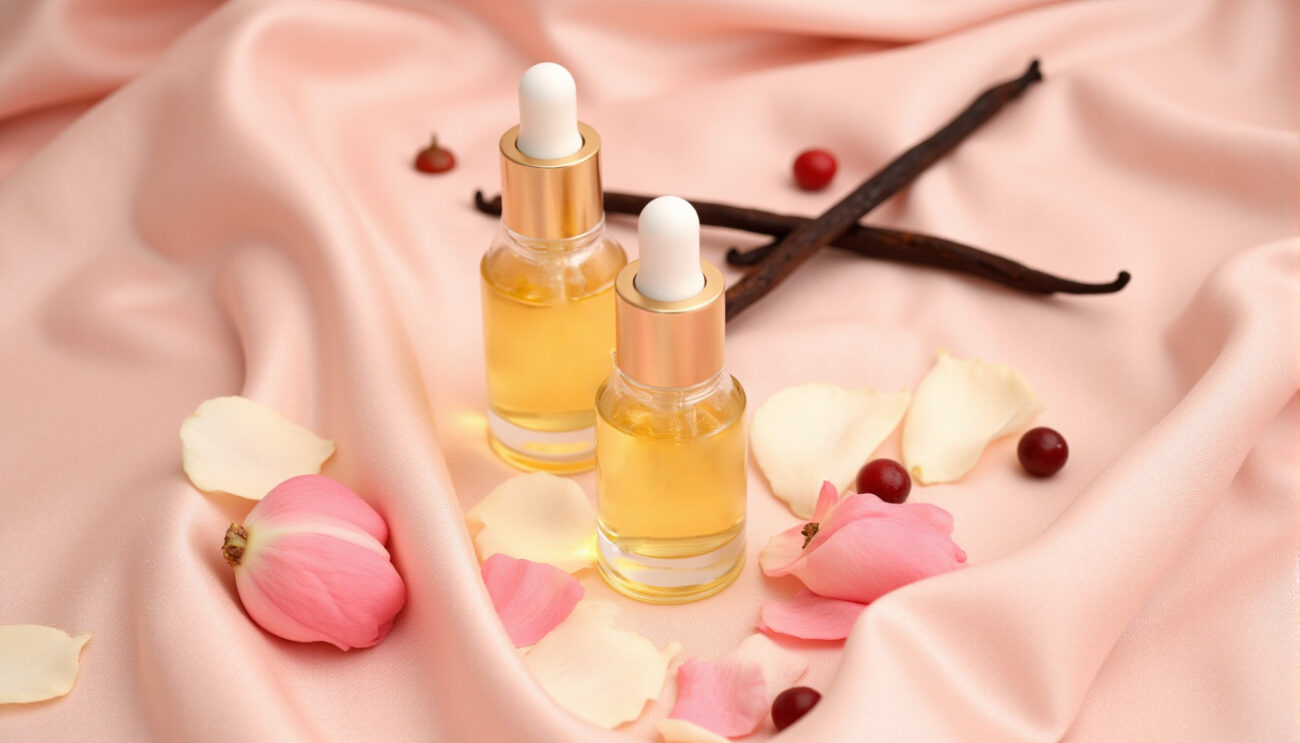 Elegant women's perfume oil bottles on pink silk, surrounded by rose petals, vanilla, and berries, showcasing feminine floral and gourmand scents.