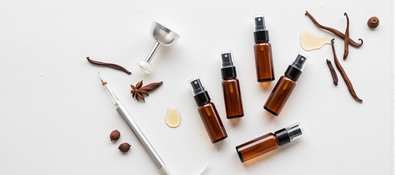 Overhead view of amber 2ml perfume oil sample bottles, accompanied by a glass funnel and raw vanilla beans, illustrating a high-quality perfume oil testing and refill kit.