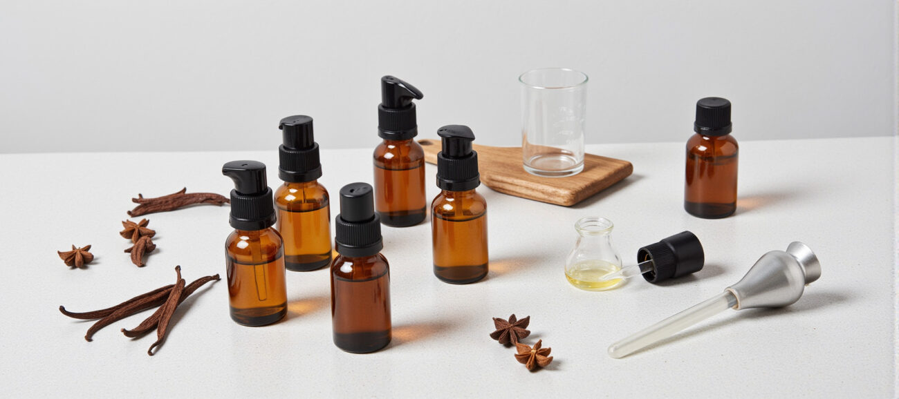 Overhead view of amber 2ml perfume oil sample bottles, accompanied by a glass funnel and raw vanilla beans, illustrating a high-quality perfume oil testing and refill kit.