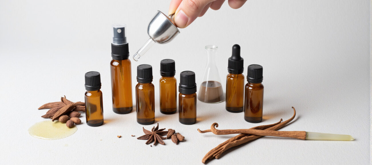 Overhead view of amber 2ml perfume oil sample bottles, accompanied by a glass funnel and raw vanilla beans, illustrating a high-quality perfume oil testing and refill kit.